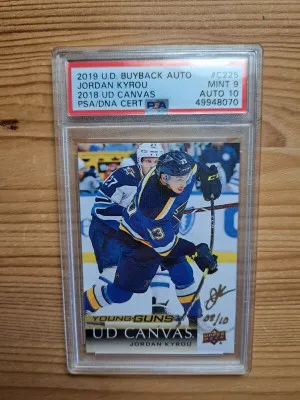2019-20 Upper Deck Buyback Young Guns Canvas Gold Auto Jordan Kyrou #C225 08/10 PSA 9 Auto 10 front